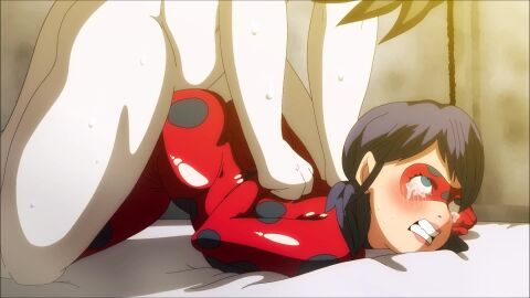 ass ass_up bestofnesia blue_hair blush bodysuit clenched_teeth crying eye_mask hand_behind_back head_down_ass_up indoors long_hair miraculous_ladybug monster pale_skin pinned_down polka_dot short_hair skin_tight tagme tears twintails video