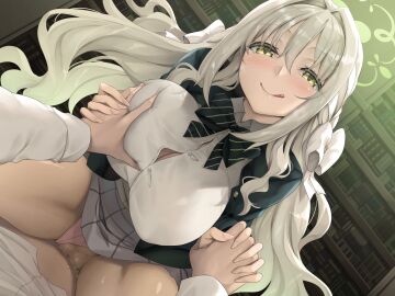 1boy absurdres assertive_female blue_archive blush bow breasts clothed_sex clothing_aside commentary_request commission cowgirl_position female grabbing_another's_breast green_eyes green_halo grey_hair groping guided_breast_grab guiding_hand hairbow halo happy_sex highres holding_hands indoors interlocked_fingers large_breasts long_hair looking_at_viewer miyo_(blue_archive) nakano_sora paid_reward_available panties pov pussy school_uniform sex skeb_commission smile solo_focus spread_legs straddling straight underwear vaginal_penetration very_long_hair white_bow