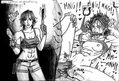 1boy 1girls abs athletic athletic_female balls big_penis black_and_white bondage borrowed_character breasts clothed clothed_female_nude_male clothed_sex clothing crying crying_with_eyes_open dark-skinned_male dark_skin drooling eyes_rolling_back female fucked_senseless fucked_silly gag gagged gloves gun hair hr_department lara_croft lara_croft_(survivor) male mascara massive_penis messy messy_hair monster monster_cock monster_rape mouthful muscular muscular_female nipple_bulge nipples orgasm orgasm_denial orgasm_face pencil_(artwork) penetration penis pleasure_face pussy pussy_juice rolling_eyes rough_sex sex shorts standing stomach_bulge stomach_deformation straight tank_top tears text tied_hands tied_up tomb_raider tomb_raider_(survivor) tomboy traditional_media_(artwork) veiny_penis wet wet_pussy