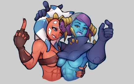 2girls abs ahsoka_tano alien arm_around_waist athletic athletic_female blue_body blue_skin breasts female female_focus female_only gloves green_eyes hand_on_head male markydaysaid middle_finger orange_body orange_skin pantoran penis purple_eyes riyo_chuchi senator_chuchi small_penis_gesture small_penis_humiliation star_wars tagme togruta underboob