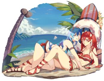 2girls all_fours alternate_costume beach bikini bikini_skirt blue_bikini blue_eyes blue_swimsuit blush boat coconut coconut_tree cordelia_(fire_emblem) cordelia_(fire_emblem)_(cosplay) cosplay female female_only fire_emblem fire_emblem_awakening fire_emblem_cipher fire_emblem_heroes flower frilled_bikini frills gladiator_sandals highres legs licking_lips looking_at_viewer lucina_(fire_emblem) multiple_females multiple_girls nintendo ocean official_alternate_costume palm_tree red_bikini red_hair red_swimsuit sand sandals severa_(fire_emblem) sports_bikini surfboard swim_ring swimsuit tiara toes tongue tongue_out tree twintails watercraft yuri yusi_vishnu