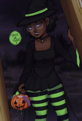 1girls black_hair cum cum_in_bucket dark_skin female female_focus female_only glasses halloween kuma_(kumasncreme) kumasncreme looking_at_viewer original purple_eyes thighhighs trick_or_treat witch_hat