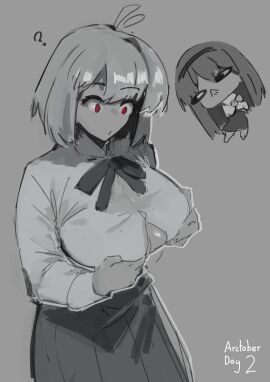 ahoge alternate_breast_size arcueid_brunestud big_breasts black_hair breast_envy breast_grab breasts breasts_bigger_than_head chibi confused cosplay cosplaying_as_character dress envy female grabbing grabbing_own_breast greyscale groping groping_breasts holding holding_breast huge_boobs huge_breasts inconvenient_breasts jonyeld large_boobs large_breasts long_hair melty_blood question_mark red_eyes ribbon shirt short_hair sketch skirt tohno_akiha tsukihime type-moon vampire vampire_girl wardrobe_malfunction