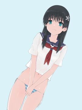 1girls 2020s 2025 absurd_res bikini blue_background blue_eyes blue_sailor_collar embarrassed female flower frown hair_flower hair_ornament hi_res light-skinned_female light_skin long_hair looking_ahead musaki_(msaki666) navel neckerchief red_neckerchief sailor_collar sakugawa_school_uniform saten_ruiko school_uniform schoolgirl serafuku shirt side-tie_bikini_bottom solo standing swimsuit to_aru_kagaku_no_railgun to_aru_majutsu_no_index white_shirt