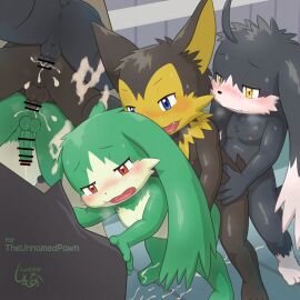 anal anthro anus ass balls bandai_namco bar_censor blush bodily_fluids censor_bar censored cum cum_in_ass cum_inside cum_on_ground erection foreskin genital_fluids genitals group group_sex guntz hand_on_hip humanoid_genitalia humanoid_penis hybrid kemono king_of_sorrow klonoa klonoa_(series) long_ears low-angle_view male male/male multicolored_body nipples nude open_mouth penis sex shomunona sweat train_position trio two-tone_body uncircumcised worm's-eye_view