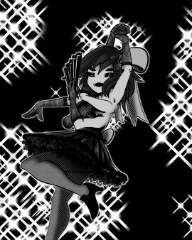 2020 5_eyes clothed clothing dancer dancer_outfit dress fangs female flower flower_in_hair handfan high_heels inktober legs looking_at_viewer monochrome monster_girl muffet multi_eye performance performing ribbon sleeves spider_girl thighhighs undertale undertale_(series)