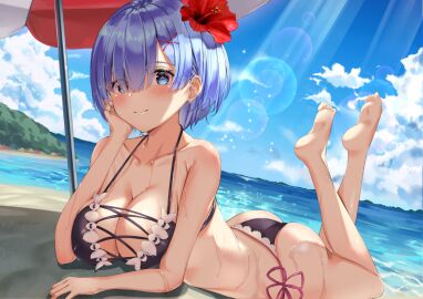 ass bare_arms bare_shoulders barefoot beach big_breasts bikini black_bikini blue_eyes blue_hair blush breasts cleavage closed_mouth collarbone feet female flower_in_hair hair_ornament legs_up lying ocean on_stomach outdoors re:zero_kara_hajimeru_isekai_seikatsu rem_(re:zero) sg_(satoumogumogu) short_hair side-tie_bikini_bottom smile the_pose water wet_body