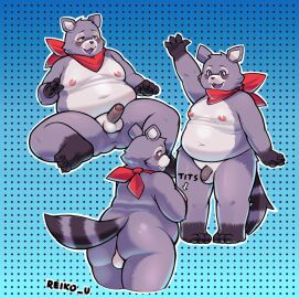 absurd_res anthro anus ass balls belly big_ass big_butt blush erection flaccid fur genitals grey_body grey_fur hi_res indigo_park kerchief male mammal moobs navel neckerchief nipples nude overweight penis procyonid raccoon rambley_raccoon reiko_u solo