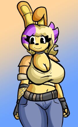 breasts chetoh cleavage clothed collar female female_focus female_only gloves jeans oc original_character rabbit rabbit_ears rabbit_girl randyjimtv smile smiling top yellow yellow_body yellow_topwear