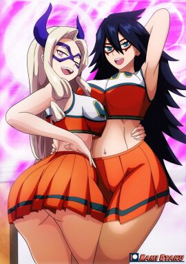 2girls alternate_costume alternate_version_available ass big_ass big_breasts black_hair blue_eyes bottomwear breasts cheerleader cheerleader_outfit cheerleader_uniform crop_top domino_mask eyewear face_mask female female_only hair hand_behind_head hand_on_hip hips huge_ass huge_breasts kami_otaku long_hair mask midnight_(my_hero_academia) midriff mole mole_under_eye mount_lady my_hero_academia navel nemuri_kayama one_eye_closed orange_skirt purple_eyes skirt source_request thick_thighs thighs topwear wink yuu_takeyama