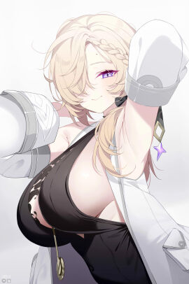 1girls breasts coronis female huge_breasts looking_at_viewer presenting_armpit purple_eyes sideboob smile stella_sora