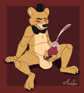 2023 3_toes 4_fingers abstract_background absurd_res animatronic anthro artist_name balls bear big_balls big_penis blush bodily_fluids bow_tie claws closed_eyes clothing cum cumshot digital_drawing_(artwork) digital_media_(artwork) ejaculation erection feet finger_claws fingers five_nights_at_freddy's fur genital_fluids genitals golden_freddy_(fnaf) hat headgear headwear hi_res machine male male_only mammal mandyfoxy masturbation multicolored_body multicolored_fur nude penile penile_masturbation penis robot scottgames segmented_arms segmented_body segmented_legs sharp_teeth signature sitting solo teeth toe_claws toes top_hat two-tone_body two-tone_fur yellow_body yellow_fur