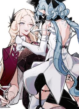 2girls asymmetrical_legwear backless_dress backless_outfit black_bow black_dress blonde_hair blue_eyes blue_hair blue_scales bow cape chinese_commentary cocktail_glass commentary cowgirl_position cup dress dress_bow drinking_glass eirene_(path_to_nowhere) eye_contact face-to-face female fingering guapihuang833 hairbow hand_on_another's_shoulder headpiece holding holding_cup long_hair looking_at_another low_twintails median_furrow mismatched_legwear multiple_females multiple_girls parted_bangs path_to_nowhere pointy_ears pussy pussy_juice red_cape red_eyes red_lips serpent_(path_to_nowhere) shoulder_blades simple_background smile thigh_strap thighhighs twintails very_long_hair white_background white_dress white_thighhighs yuri