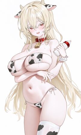 1girls belly blonde_hair breasts cow_print_bikini female large_breasts long_hair looking_at_viewer original red_eyes sideboob underboob