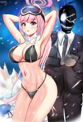 arctic blas7hatvga blue_archive breasts eimi_(blue_archive) eimi_(swimsuit)_(blue_archive) exhibitionism fanart female gun ice outdoors penguin pink_hair pistol purple_eyes snow villain weapon zipper zipper_bikini zipper_panties