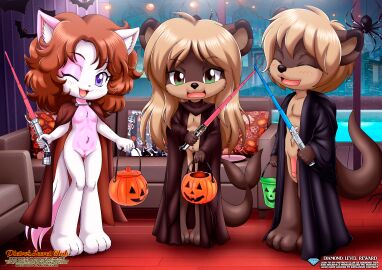 1boy 2girls anthro bbmbbf blush chani_(ajdurai) cosplay cub diamond_level domestic_cat feline female furry halloween jenny_(ajdurai) lee_(ajdurai) little_tails looking_at_viewer male one_eye_closed open_mouth otter palcomix penis pietros_secret_club pussy star_wars tongue young