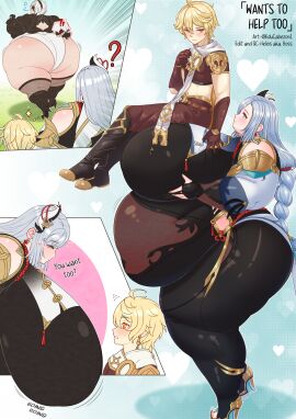 2023 2boys 2girls aether_(genshin_impact) android ass bbw belly blindfold blonde_hair blue_hair breasts carrying carrying_partner chibi crossover educabezon english english_text female genshin_impact gigantic_ass gigantic_belly gigantic_breasts gigantic_thighs hi_res high_heels high_resolution highres huge_ass huge_belly huge_breasts huge_thighs hyper hyper_ass hyper_breasts hyper_thighs larger_female male massive_ass massive_breasts massive_thighs morbidly_obese nier nier:_automata obese obese_female overweight overweight_female shenhe_(genshin_impact) short_hair sitting sitting_on_breasts size_difference smaller_male text thick_thighs thighs toeless_footwear voluptuous white_hair wholesome yorha_2b yorha_9s