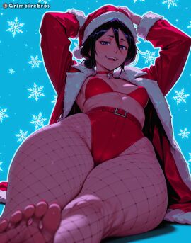 ai_generated arms_up artist_name barefoot bell belt bikini bikini_top_only black_hair bleach blue_background blue_eyes blurry blurry_foreground blush breasts cameltoe choker christmas coat covered_nipples depth_of_field feet female fishnet_pantyhose fishnets fur_trim grimoireeros hair_between_eyes hat jacket kuchiki_rukia looking_at_viewer neck_bell open_clothes open_mouth pantyhose patreon_username purple_eyes red_bikini red_choker red_headwear santa_bikini santa_costume santa_hat short_hair sitting small_breasts smile snowflake_background snowflakes soles solo swimsuit teeth thick_thighs thighs toenails toes upper_teeth_only wide_hips