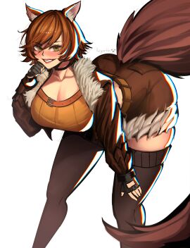absurdres animal_ear_fluff animal_ears artist_name black_gloves black_thighhighs blush breasts brown_fur brown_hair brown_jacket brown_shorts cleavage commentary cropped_jacket english_commentary female fingerless_gloves freckles fur-trimmed_jacket fur_trim gloves green_eyes grin highres jacket large_breasts looking_at_viewer marvel marvel_rivals orange_tank_top reyarths short_hair shorts smile solo squirrel_ears squirrel_girl squirrel_girl_(marvel) squirrel_tail tail tank_top thighhighs