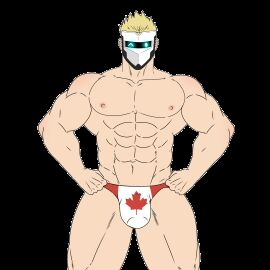 2d 2d_animation abs animated bara biceps big_bulge blonde_hair bulge canadian_flag halakadira male male_nipples male_only mask masked masked_male muscular muscular_male nipples pecs penis penis_outline silvyspark underwear yaoi