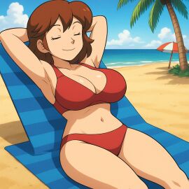 ai_generated beach belly belly_button big_breasts bikini breasts brown_hair brunette_hair milf