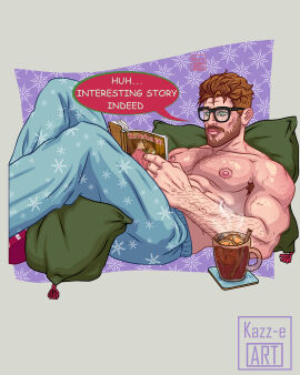 1boy abs armpit_hair ass bodyhair chest_hair drink duffy_(kazz-e_art) glasses green_eyes kazz-e_art male male_only pajamas pecs pillow pin_up reading red_hair stubble teasing text_bubble xmas