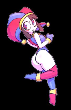 1girls 2d 2d_(artwork) accessory black_background breasts brown_hair clothes clothing digital_drawing_(artwork) digital_media_(artwork) female female_only glitch_productions gooseworx hat headgear headwear hi_res humanoid jek_korpen jester jester_cap jester_costume jester_girl jester_hat jester_outfit leg_up leotard light-skinned_female light_skin looking_back no_bra no_humans no_panties no_underwear one_leg_up pale-skinned_female pale_skin pomni pomni_(the_amazing_digital_circus) pose posing raised_leg revealing_clothes side_view sideboob simple_background skimpy skimpy_clothes solo solo_female standing standing_on_one_leg tagme the_amazing_digital_circus white_body white_skin