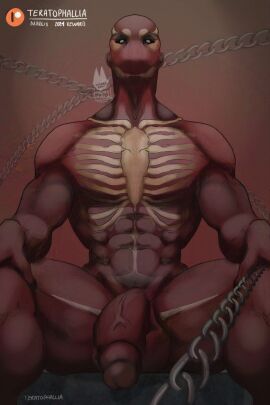 1boy 2024 abs balls chains dominant dominant_male erection exposed_muscle exposed_ribcage fear_and_hunger first_person_view genitals hi_res holding_chain humanoid humanoid_genitalia humanoid_penis imminent_oral leash leashed_pov legs_apart looking_at_viewer low-angle_view male male_only masculine muscles no_mouth penis red_body red_penis ribcage ronn_chambara simple_background sitting skinless solo teratophallia teratophilia thighs watermark white_pupils
