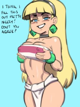 1girls 2d aged_up bangs big_breasts blonde_hair blue_eyes blunt_bangs bracelet breasts chel_(cosplay) choker cloth cosplay curvy darkeros13 disney disney_channel disney_xd earrings english_text female female_only gravity_falls groping_breasts headband holding_own_breasts large_breasts light-skinned_female light_skin long_hair nipple_bulge pacifica_northwest simple_background smirk solo text the_road_to_el_dorado thedarkeros very_long_hair wide_hips