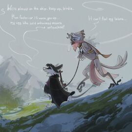 1:1 2025 3_fingers 3_toes 4_ears 4_toes anthro arms_tied avali avian avian_feet barefoot barn_owl beak being_held belt bird black_body black_cape black_clothing black_feathers black_fur black_hair black_sclera black_scutes black_toe_claws black_topwear blindfold bondage bottomwear bound bracelet breath brown_clothing cape chest_tuft claws closed_eyes clothing cold collar colored cuff_(restraint) detailed_background dialogue digital_drawing_(artwork) digital_media_(artwork) digitigrade dominant dominant_anthro dominant_male duo ellipsis english_text feathered_wings feathers feet femboy fingers flaccid freezing fur fyr_(fenrir784) genitals gold_(metal) gold_bracelet gold_collar gold_jewelry grass grey_sky gun hair half-closed_eyes harem_outfit hi_res hood humanoid_genitalia humanoid_penis imminent_sex jewelry keuejay larger_anthro larger_male laser_weapon leading leash leashed_collar leashed_male loincloth long_tail looking_at_another looking_back looking_back_at_another male male/male metal metal_collar mostly_nude mountain multi_ear multicolored_body naphy narrowed_eyes nature nature_background neck_tuft owl pawpads paws penis pink_clothing plant purple_clothing purple_eyes question question_mark raised_arms ranged_weapon red_beak restrained restrained_arms restraints river sadism scuted_feet scutes shaded side_view signature size_difference skinny sky skyscape slim smaller_anthro smaller_male smile smug snow snowy_mountain speech_bubble steamy_breath story story_in_description submissive submissive_anthro submissive_male tail tail_feathers talons text textured toes topwear translucent translucent_bottomwear translucent_clothing translucent_underwear tree tuft tyto tytonid underwear veil vss_vintorez walking walking_together water weapon weapon_on_back white_body white_feathers white_fur winged_arms wings