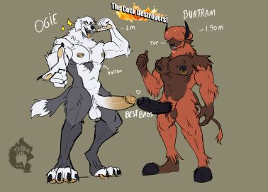 absurd_res anthro balls big_penis bovid burtram_ramsley_(thekbear) canid canine canis caprine circumcised domestic_dog english_text erection foreskin genitals glans hi_res huge_cock humanoid_genitalia humanoid_penis male male/male male_anthro mammal muscular muscular_anthro muscular_male nipple_piercing nipples nude ogie_dogie_(thekbear) pecs penis piercing presenting sheep text uncircumcised