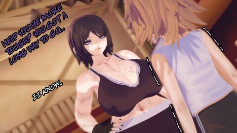 1boy 1girls 3d big_breasts black_hair blue_eyes breasts brown_hair cleavage danganronpa danganronpa:_trigger_happy_havoc female femboy femboy_on_female fenrirsjaw fingerless_gloves freckles freckles_on_breasts freckles_on_face fujisaki_chihiro gym gymnasium huge_breasts male mukuro_ikusaba size_difference tomboy venus_body voluptuous