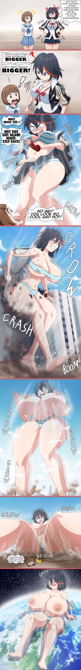 ahoge body_growth body_growth_(enlargement) breasts comic earth female giantess huge_breasts jacket jenny_secret kill_la_kill large_breasts mankanshoku_mako matoi_ryuuko midriff nipples striped_bra striped_panties text torn_clothes torn_clothing