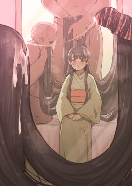 3boys absurdres black_hair blunt_bangs blush closed_mouth clothed_female_nude_male commentary_request commission cum cum_on_hair female hairjob highres idolmaster idolmaster_cinderella_girls kobayakawa_sae long_hair long_sleeves looking_at_mirror male mirror multiple_boys multiple_males nude obi penis pixiv_commission sash sitting standing tomawarinosuizou upper_body very_long_hair wide_sleeves