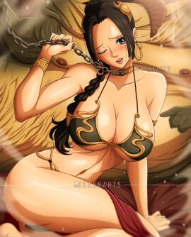 1boy 1girls 2d alternate_hairstyle ass belly_dancer belly_dancer_outfit big_breasts black-haired_female black_hair blue_eyes boa_hancock breasts cosplay crossover eastern_and_western_character female harem_girl harem_outfit huge_breasts hutt jabba_the_hutt large_breasts male one_piece rakkarts slave_bikini slave_leia_(cosplay) star_wars