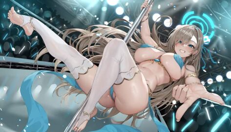 1girls alternate_costume artist_request asuna_(blue_archive) big_breasts blue_archive breasts female halo pole pole_dancing stage stage_lights stockings