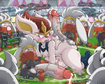 5:4 annoyed ass ass_grab ball_(object) balls big_balls big_penis blue_body blue_fur blush blush_lines bodily_fluids butt_grab cheek_tuft cinderace dialogue dripping english_text erection facial_tuft floppy_ears foreskin fur gay generation_8_pokemon genital_fluids genitals glans group hair half-closed_eyes hand_on_ass hand_on_butt hi_res hot_dogging huge_balls huge_cock humanoid_genitalia humanoid_penis hyper hyper_genitalia hyper_penis imminent_anal imminent_sex m0rtony male male_cinderace mrt0ony narrowed_eyes nervous nintendo nude penis pokemon pokemon_(species) precum precum_drip precum_string pubes raboot red_body red_fur red_hair retracted_foreskin sex small_but_hung soccer_ball speech_bubble text tuft uncircumcised vein veiny_penis white_body white_fur white_hair wide_eyed