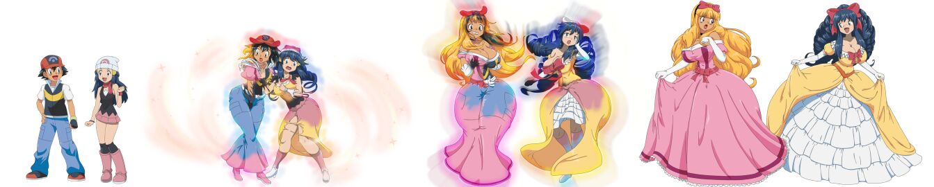 big_breasts black_hair blonde-haired_female blonde_female blonde_hair blonde_hair_female blue_eyes blue_hair bow breast_expansion breasts brown_eyes cleavage curly_hair dawn_(pokemon) dress gender_transformation gloves hair hair_ribbon high_heels long_hair mankor pokemon princessification ribbon ribbon_in_hair satoshi_(pokemon) transformation transformation_sequence