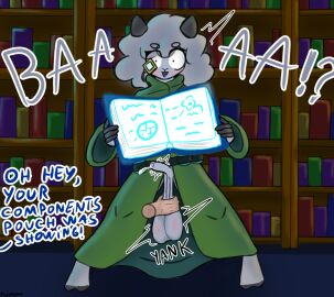 accidental_exposure alchemist anthro balls balls_bigger_than_penis balls_blush balls_tugging big_balls bleating book disembodied_hand excited flaccid floating_hand floppyoppy heavy_balls hooves library low_hanging_balls male oversized_balls partial_nudity penis pent_up potion saggy_balls sheep text throbbing_balls