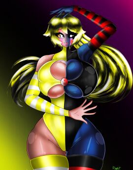 armwear ass big_ass big_breasts big_butt breasts child_bearing_hips cleavage face_paint female flophit heterochromia huge_ass huge_breasts huge_butt long_hair multicolored_body multicolored_hair multicolored_skin oc original_artwork skin_tight_suit slim_waist smiling_at_viewer stockings thick_thighs