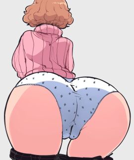 1girls ass ass_focus atlus female goldsden haru_okumura hi_res highres light_skin mrplow34 panties pants_down persona persona_5 pink_turtleneck red_hair solo solo_focus tagme turtleneck