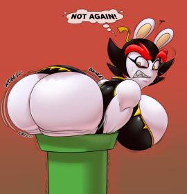 2025 anthro ass big_breasts big_butt black_hair breasts clothing dress english_text exclamation_point female hair huge_breasts huge_butt kanya_(mario_+_rabbids) kanya_(mario_plus_rabbids) lagomorph leporid looking_back mammal mario_(series) mario_+_rabbids mario_+_rabbids:_sparks_of_hope markings mole_(marking) onomatopoeia pipe rabbid rabbit raving_rabbids rayman_(series) sharp_teeth shinysteel solo sound_effects stuck teeth text thought_bubble ubisoft white_body yellow_eyes