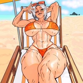 beach big_breasts bikini glasses looking_at_viewer master_dcj mdcj77 nipples outdoors silver_hair sweat