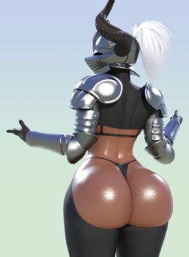 1girls 3d armor armored_boots armored_female armored_gloves ass ass_focus back_view bikini bikini_armor blender dark-skinned_female dark_skin female female_knight from_behind helmet horned_helmet knight looking_back micro_bikini minotaur_knight_(popogori) oc ponytail popogori shiny_skin shrug solo thick_ass thick_thighs thighhighs thighs white_hair