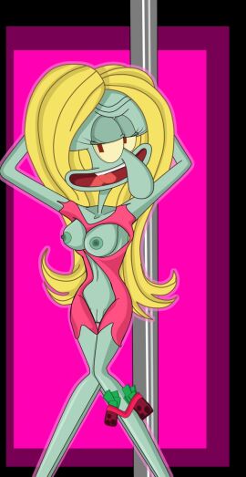 2015 anthro black_border blonde_hair border breasts cephalopod clothing coleoid crystalplatypus eyelashes female female_anthro freaky_ward genitals hair hands_behind_head hi_res innie_pussy looking_at_viewer marine mollusk money nickelodeon nipples octopodiform octopus pole pussy red_eyes red_tongue rule_63 solo spongebob_squarepants squidward_tentacles teal_body teal_nipples teal_skin teeth tentacle tongue what wide_hips