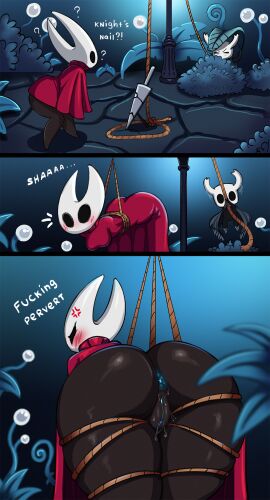 angry anthro anus arthropod ass big_ass big_butt black_body black_eyes blue_anus blush blush_lines bodily_fluids bondage bound breasts cloak_only clothing cross-popping_vein dialogue duo duplicate empty_eyes featureless_feet feet female genital_fluids grey_cloak grey_clothing hi_res hollow_knight hornet_(hollow_knight) incest insects looking_back male pink_cloak pink_clothing protagonist_(hollow_knight) pussy question_mark rear_view repsot restraints rope rope_bondage rope_harness siblings team_cherry text thick_thighs trap_(contrivance) trapped vaginal_fluids white_body wide_hips zelles