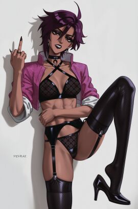 abs angry artist_signature black_eyeshadow black_heels black_lingerie black_lipstick black_nails brown_eyes brown_skin choker dispatch_(game) earrings female female_focus female_only garter_belt heels highres invisigal jacket lace_bra lace_panties latex long_nails makeup nipples nipples_visible_through_clothing nose_piercing prixmal purple_hair see-through see-through_bra see-through_panties sexy short_hair sleeves_rolled_up stockings thighs