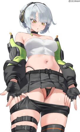 1girls anby_demara breasts female jtveemo light-skinned_female light_skin low-angle_view medium_breasts panties partially_visible_vulva perky_breasts petite petite_body pussy short_hair skirt slim_body solo thick_thighs thong_straps white_hair wide_hips yellow_eyes zenless_zone_zero