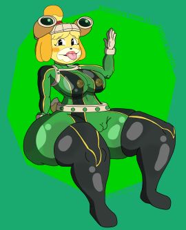 animal_crossing anthro ass asui_tsuyu_(cosplay) blush bodysuit boku_no_hero_academia cosplay costume dog_ears dog_girl dog_tail doubutsu_no_mori female green_outfit isabelle_(animal_crossing) looking_at_viewer my_hero_academia nintendo nipples_visible_through_clothing notagoodguy1_(autor) october shizue_(doubutsu_no_mori) shortstack shortstack-tober sitting small_female thick thick_ass thick_hips thick_thighs tight_clothing tongue tongue_out tsuyu_asui_(cosplay) yellow_fur