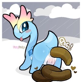 1:1 amaura anus artist_name ass blue_body blue_eyes blush digital_media_(artwork) fairyfudge feces feces_pile female female_pooping feral fossil_pokemon generation_6_pokemon genitals heart_symbol hi_res looking_at_viewer looking_back nintendo plump_labia pokemon pokemon_(species) presenting presenting_hindquarters scat scatplay smile solo sound_effects text tongue tongue_out vowelless vowelless_sound_effect vulva